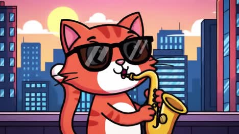 a stylish cartoon cat playing saxophone at sunset, showcasing a fun and relaxing atmosphere in a vibrant cityscape background
