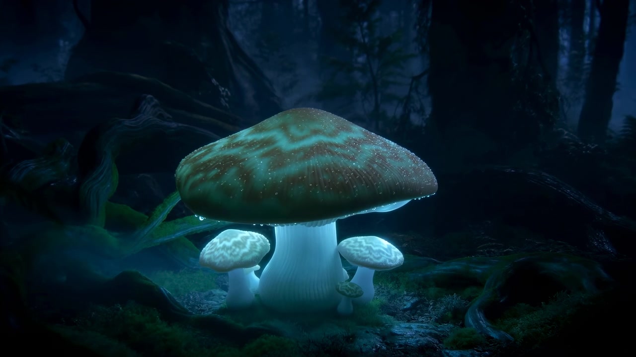 Primo piano dal basso di un grande gruppo di funghi bioluminescenti in una radura boschiva in ombra, con bagliore turchese, cappelli bagnati, minuscole goccioline di rugiada, muschio, foschia e una luce sottile e mutevole che pervade la scena.