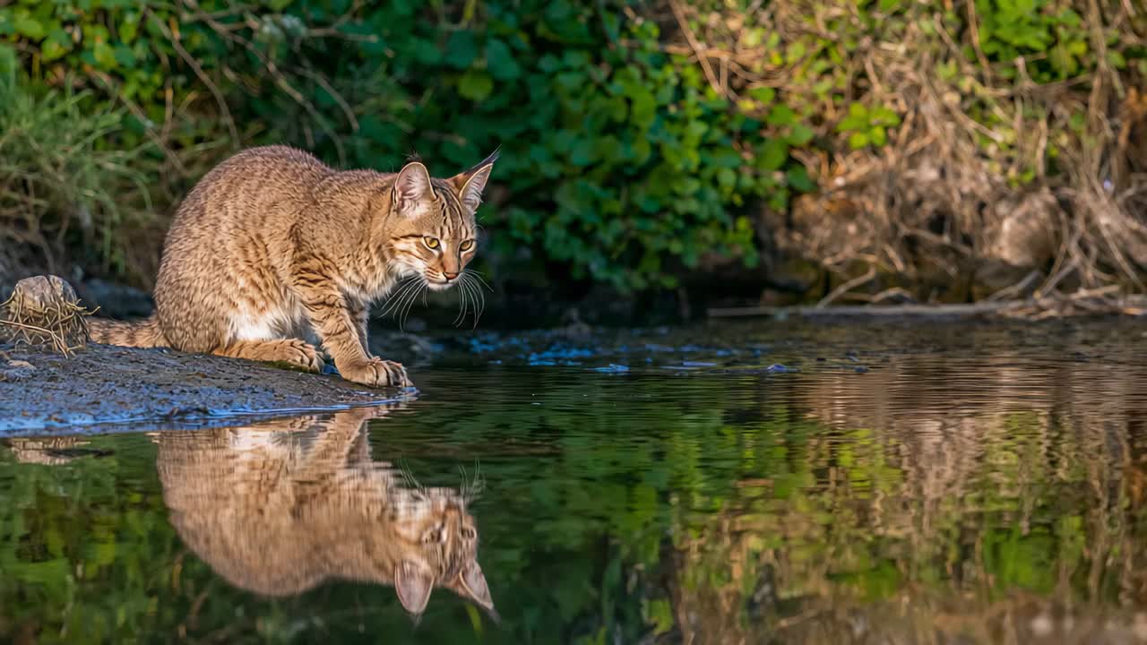 Noticing ripple, brown tabby cat leaning toward pond, watching reflection and ripples, copy space