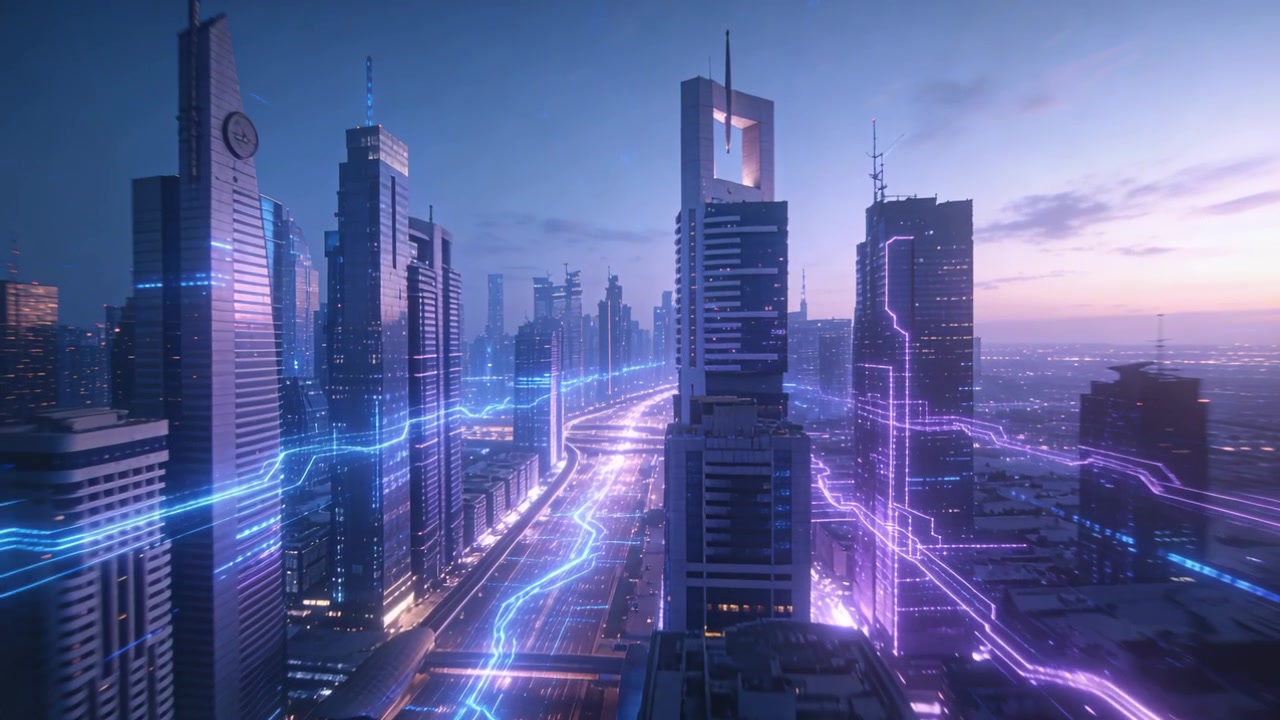 Advancing camera revealing central avenue and towers pulsing blue-purple neon trails, showing grid