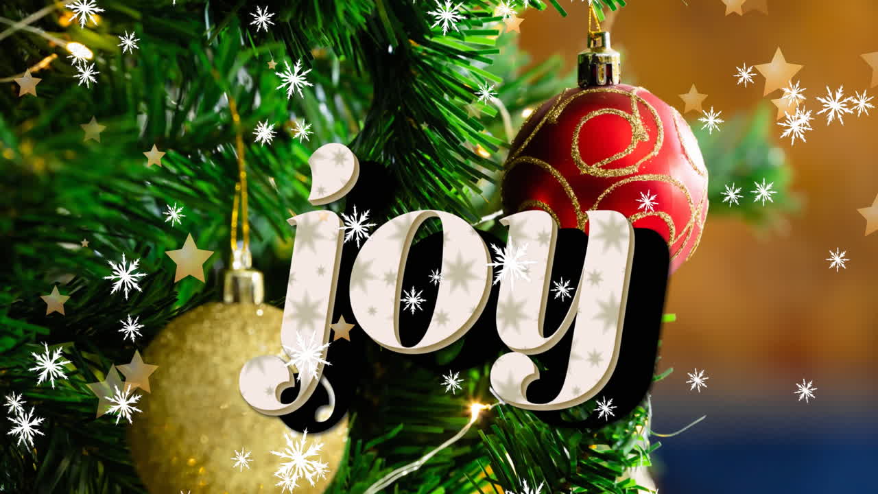 크리스마스 트리와 함께 떨어지는 별과 눈 위의 기 ⁇ 의 애니메이션 텍스트