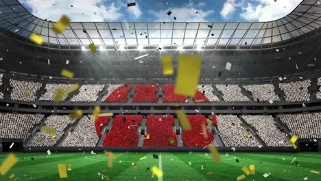 animation of confetti falling over sport stadium with flag of japan