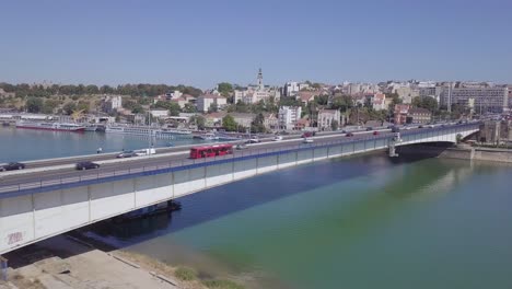 static 4k aerial shot of sava river and branko bridge in belgrade