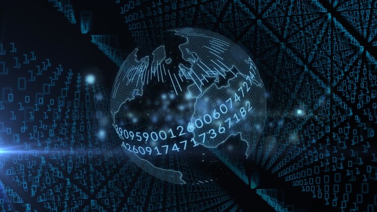 Animation of data processing and globe on black background