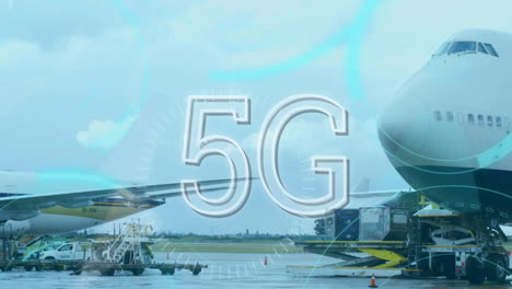 5g text and round neon scanners against airplane at the airport