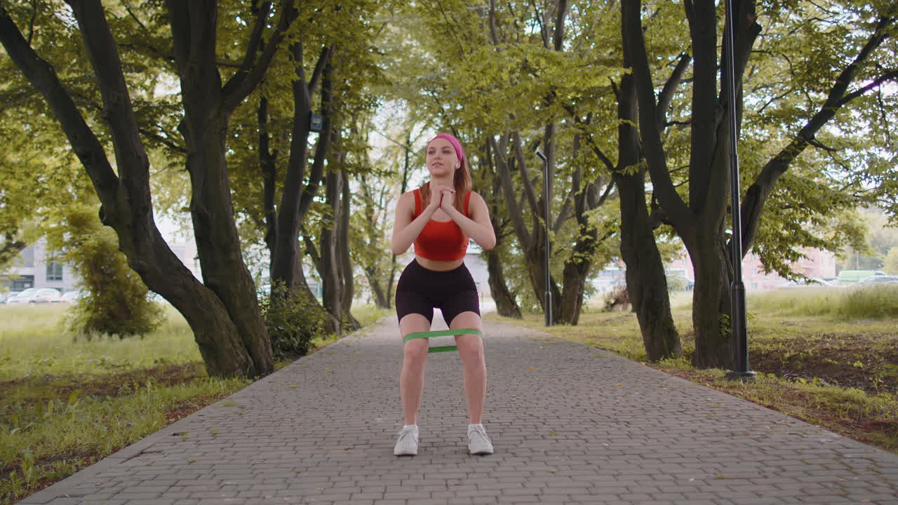 chica deportiva en forma atlética haciendo sentadillas usando banda elástica de fitness, entrenamiento en el parque por la mañana