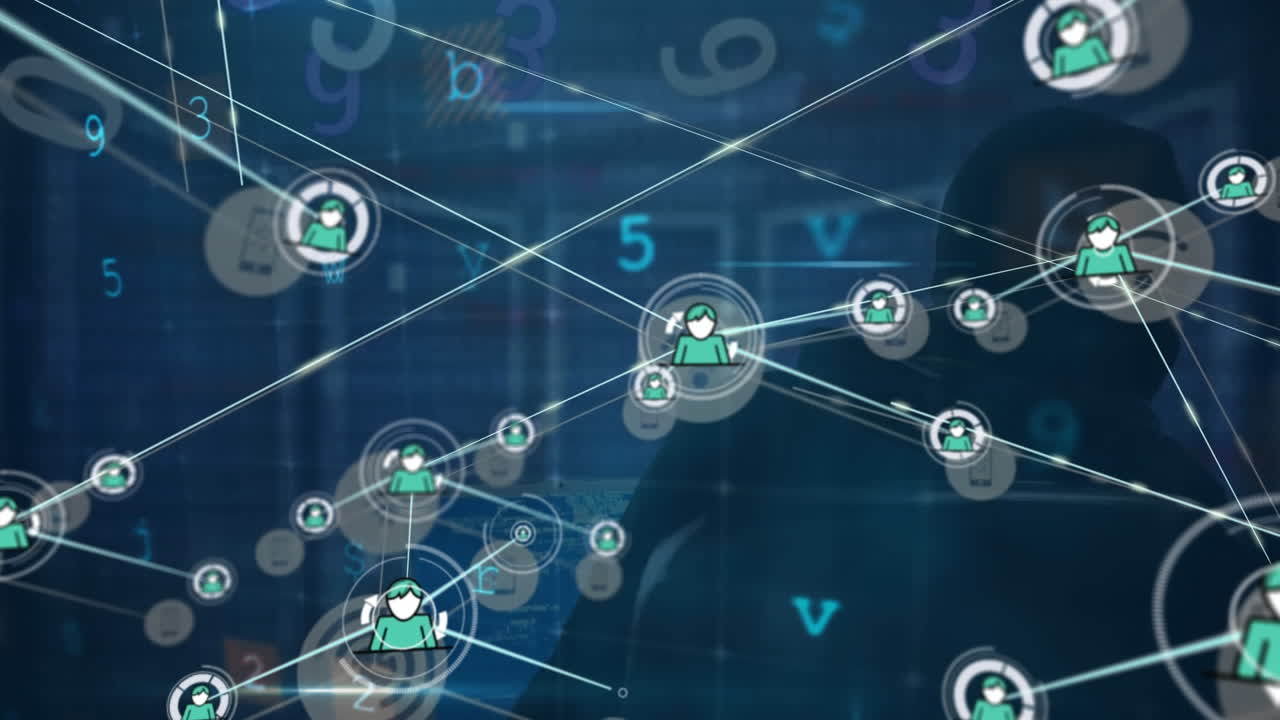 Animation of network of connections with icons and data processing over server room and hacker