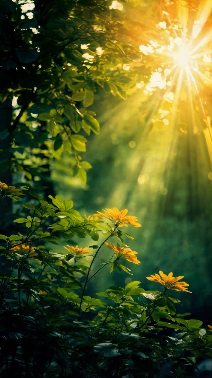 Sunlight filters through lush green foliage, illuminating yellow flowers