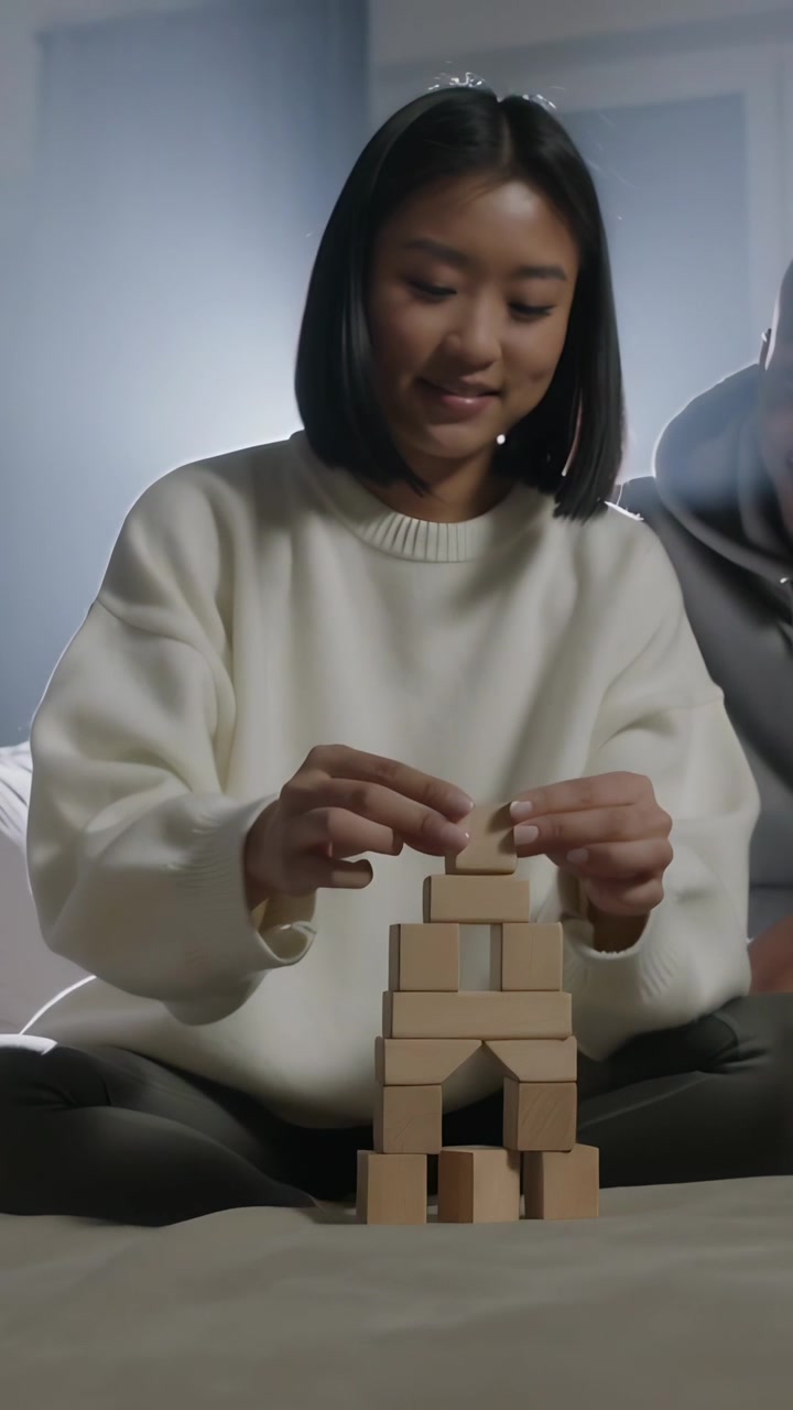 Vertical video: Placing woman in cream top building block tower on bed from base partner watching