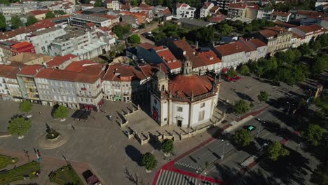 aerial view of a town square in portugal with a church