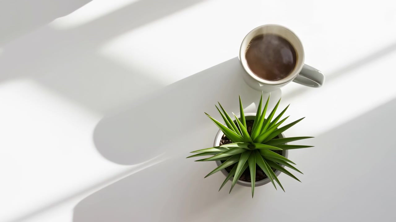 Vista dall'alto di una piccola succulenta verde in un vaso rotondo posizionata nell'angolo in basso a destra, con una tazza di caffè in alto a destra e una luce solare diagonale e soffusa