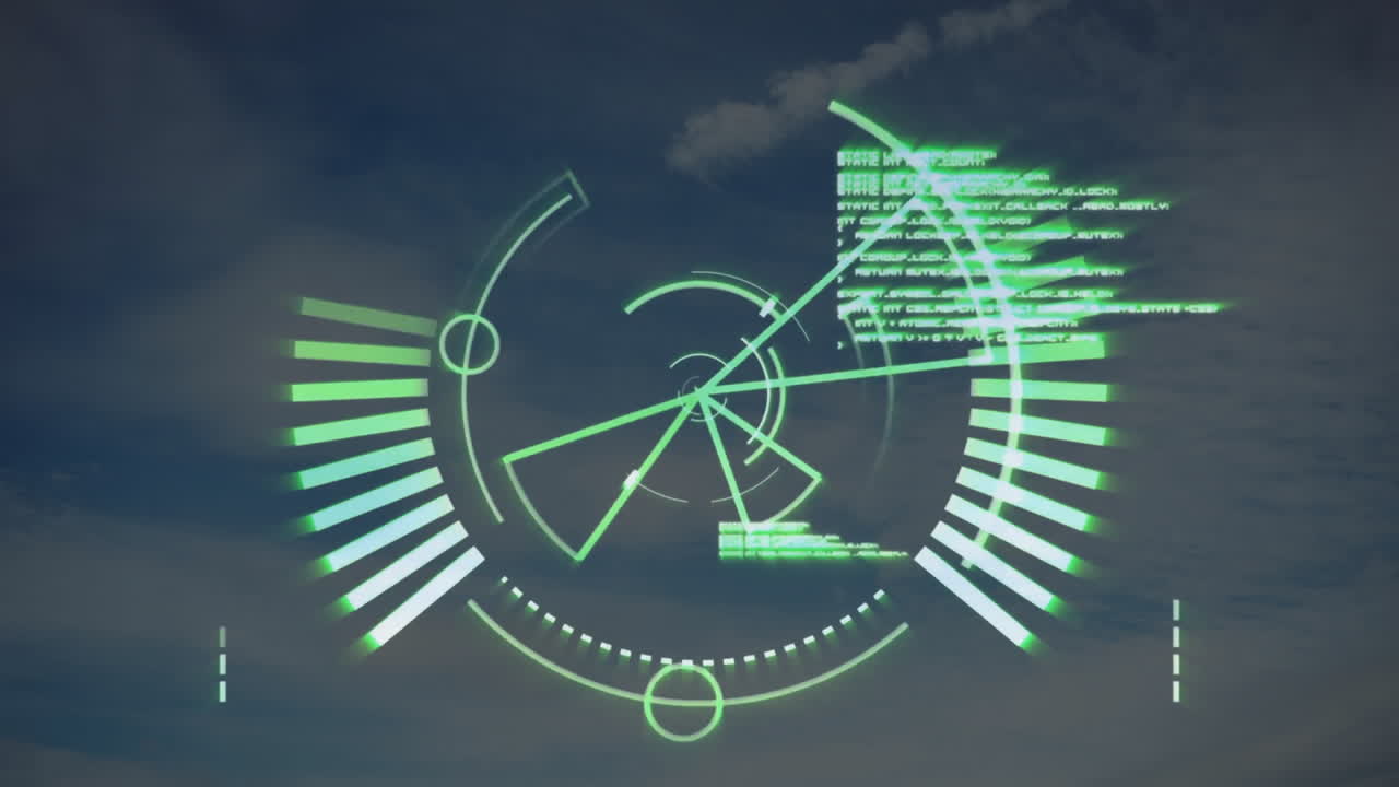 Displaying futuristic radar animation over cloudy sky background, technology concept