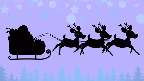 Santa-claus-in-sleigh-being-pulled-by-reindeers-over-hanging-decorations-on-purple-background