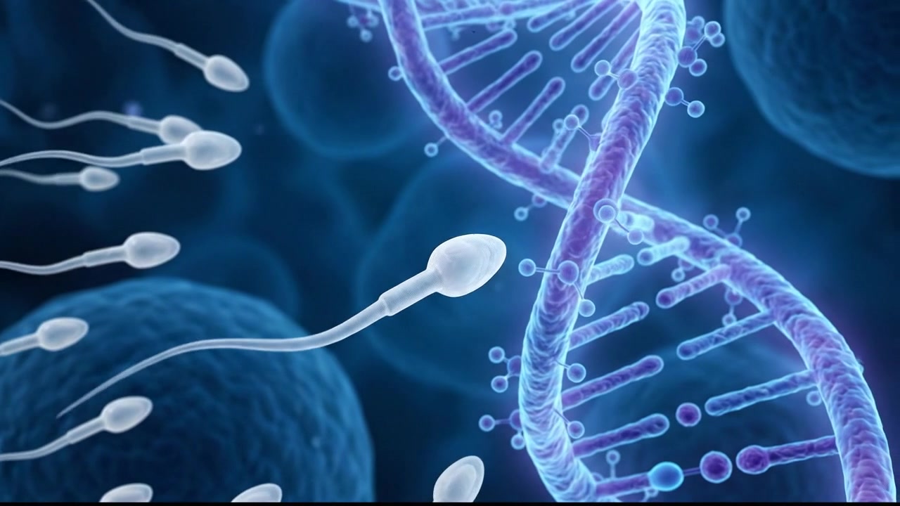 Sperm Cells Swimming Toward DNA Strand in Microscopic View