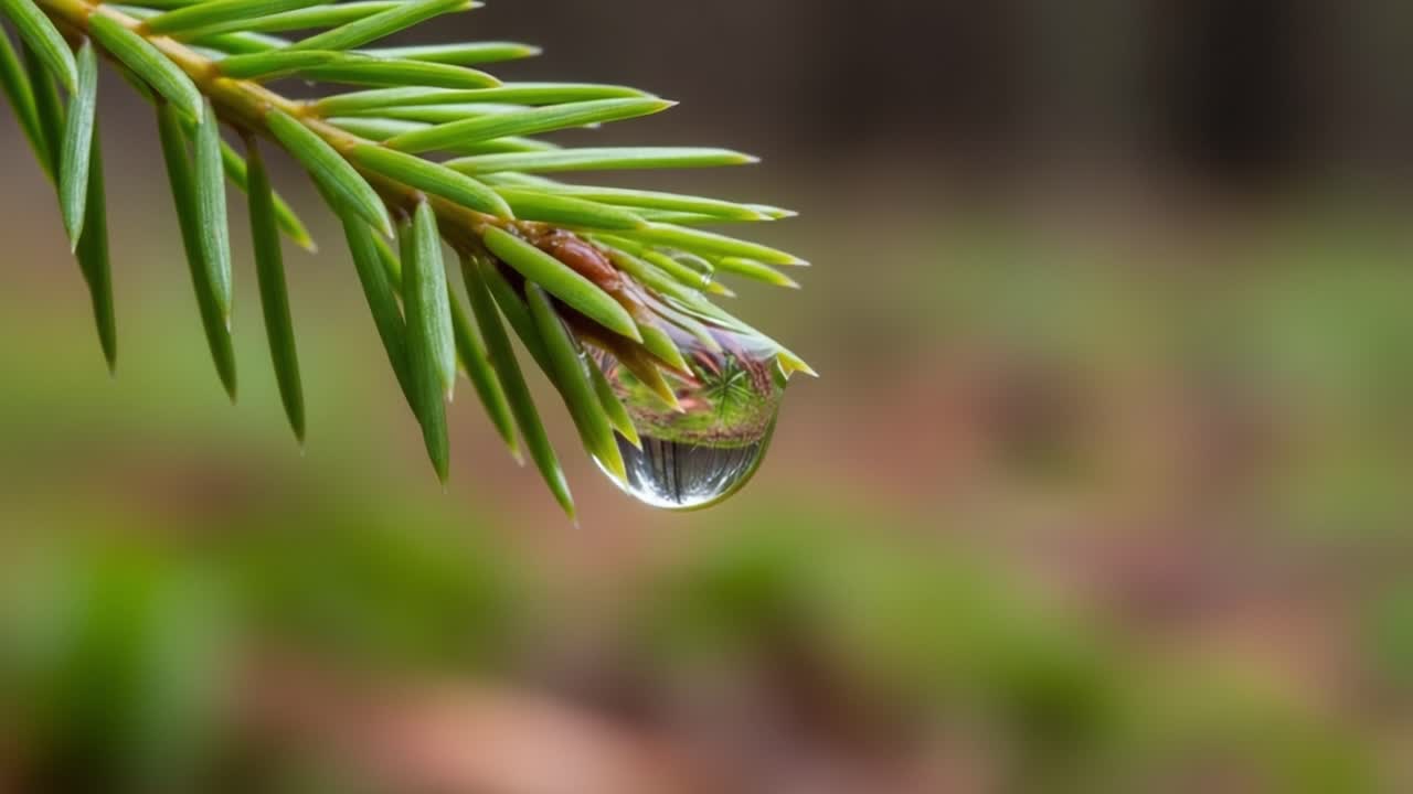 Stunning Close-Up of a Pine Needle with Droplet Reflecting Nature's Beauty, Capturing the Essence of Freshness and Natural Serenity in the Forest