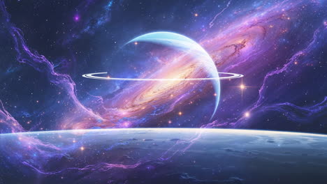vibrant cosmic landscape with ringed planet and galaxy