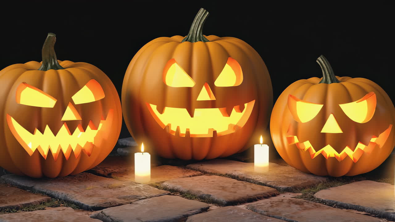 The camera slowly pushes in on jack-o'-lantern pumpkins. Candle flames flicker gently while glowing faces subtly pulse, creating an eerie Halloween atmosphere.