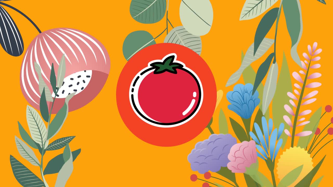 노란색 배경에 오렌지색 원 식물과 꽃에 빨간 토마토의 애니메이션