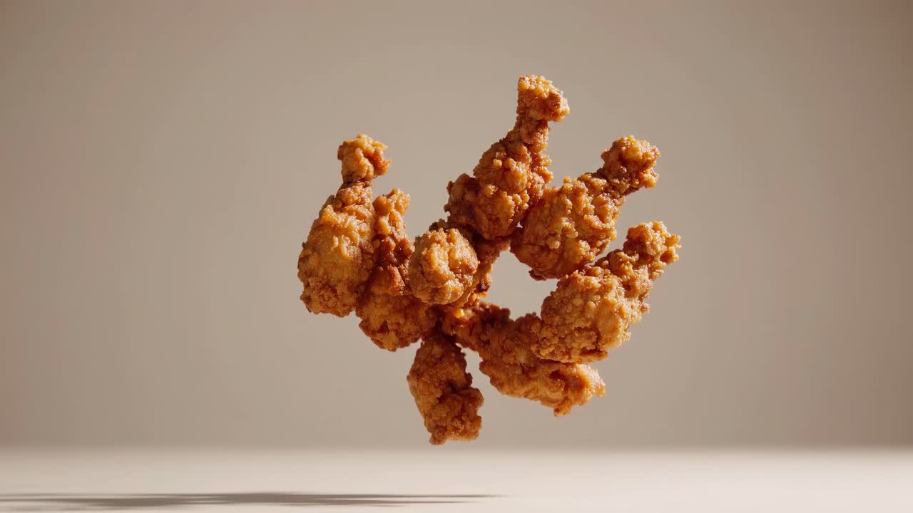 Slow-motion video of crispy fried chicken pieces falling against a neutral background