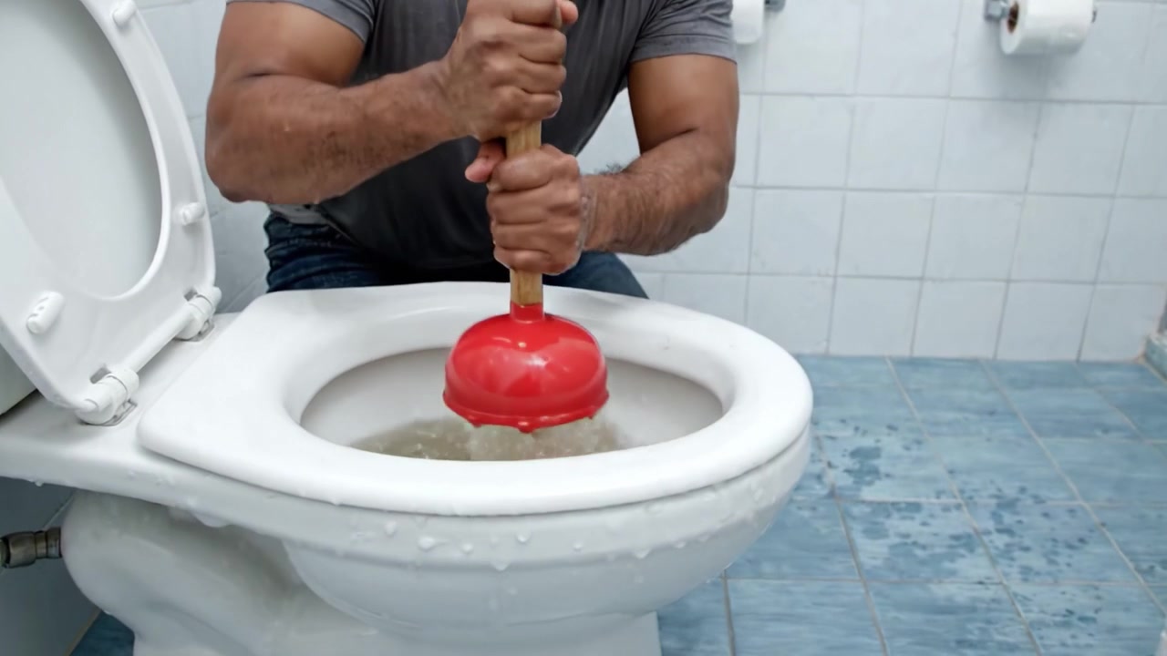 Individual Using a Plunger to Unclog a Toilet, Demonstrating Home Maintenance Skills with Effective Plumbing Techniques in a Domestic Bathroom Setting