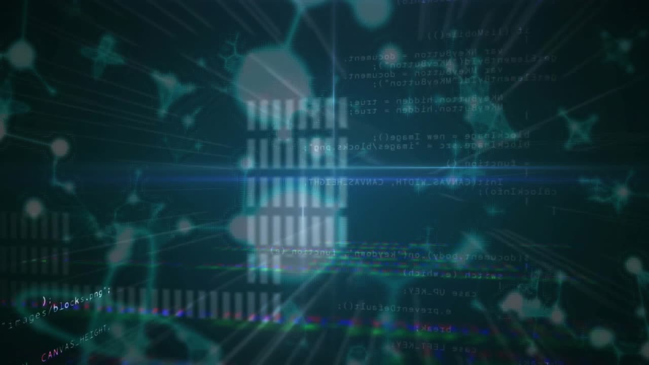 Horizontal blue flare sweeping field revealing pulsing nodes and bars and code showing data network