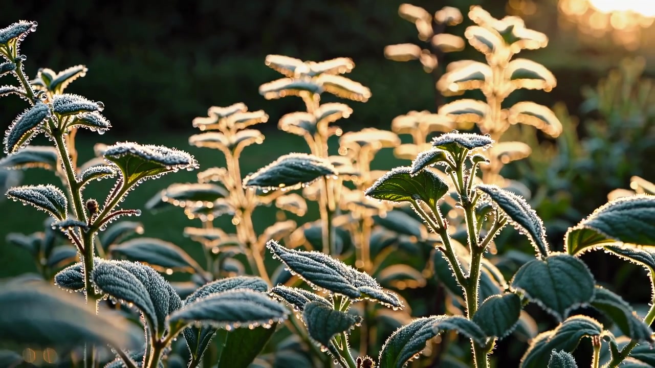 Foglie verdi coperte di brina alla luce del sole del primo mattino