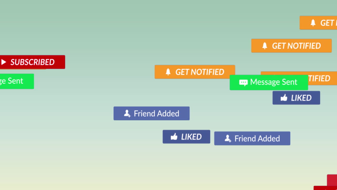 회색 배경 위에 떠다니는 미디어 아이콘의 애니메이션