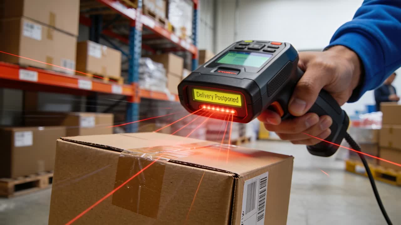 Warehouse worker aiming scanner and scanning box, showing Delivery Postponed while checking status