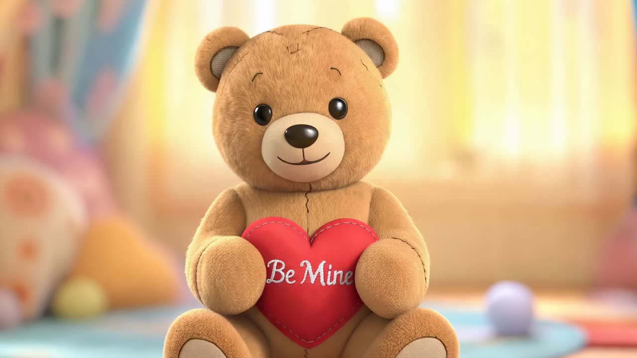 Tiltende bamse, der præsenterer en rød hjertepude med teksten Vær min i et børneværelse, mens kameraet zoomer ind