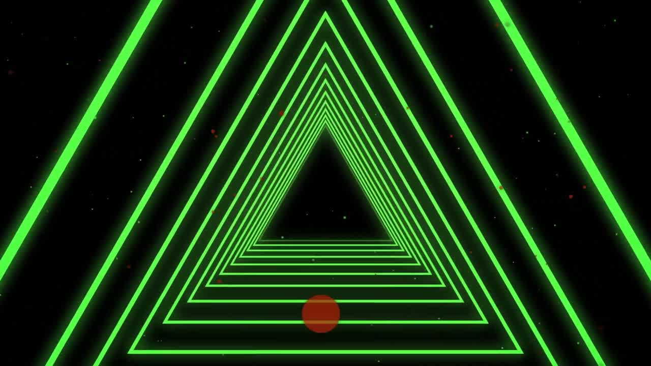 formas de triángulos verdes en movimiento continuo contra puntos rosados flotando en un fondo púrpura