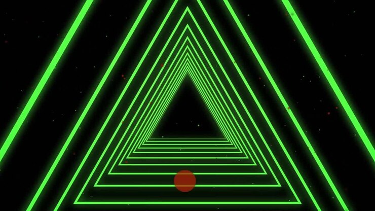 Green triangle shapes in seamless motion against pink dots floating on purple background