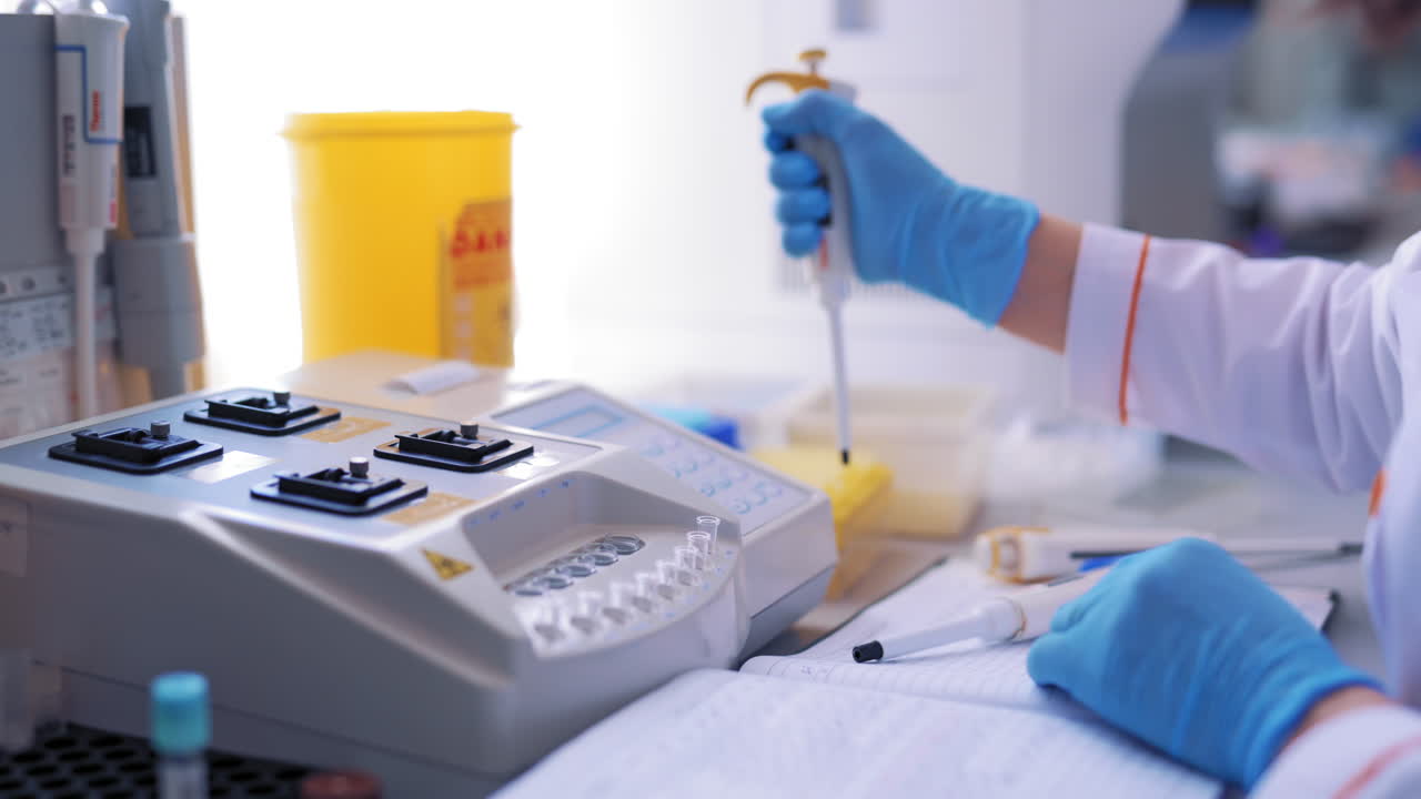 Modern medical laboratory equipment. Side view of adult female scientist experimenting in laboratory