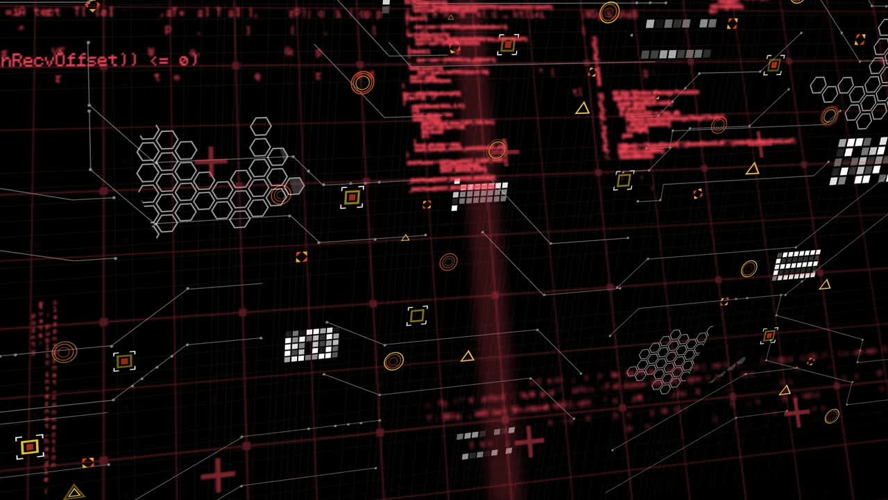 Animation of markers and data processing over black background