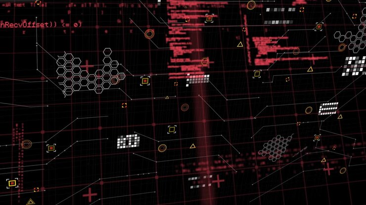 Animation of markers and data processing over black background