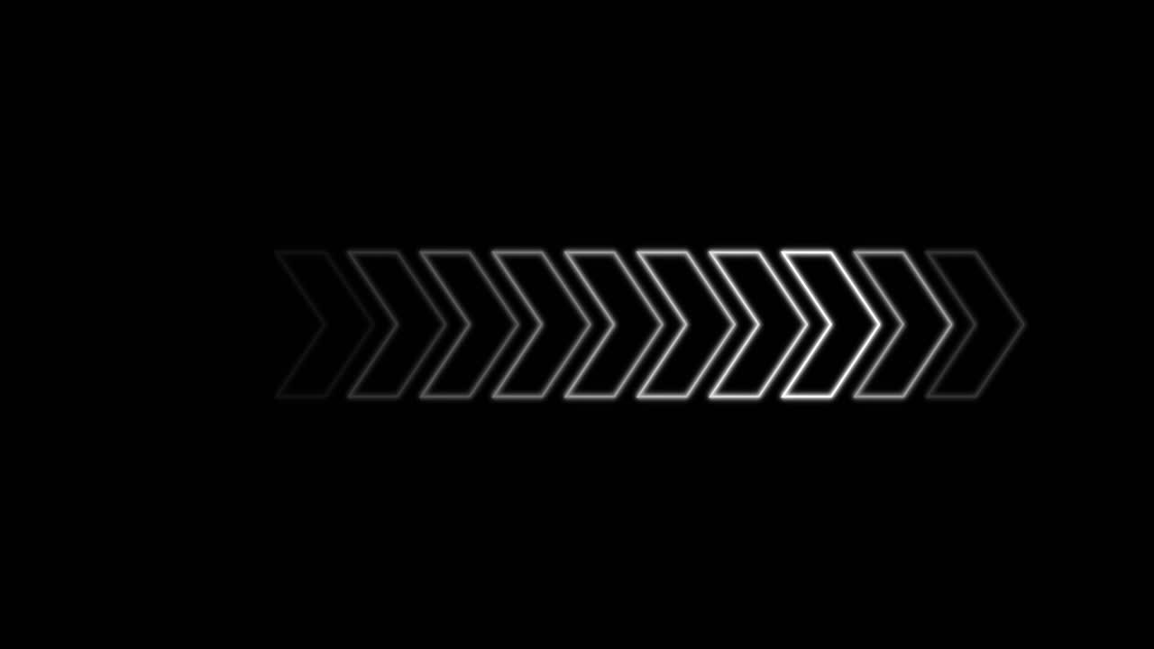 Outlined white arrow moves smoothly rightward, fading in and out, on a solid black background