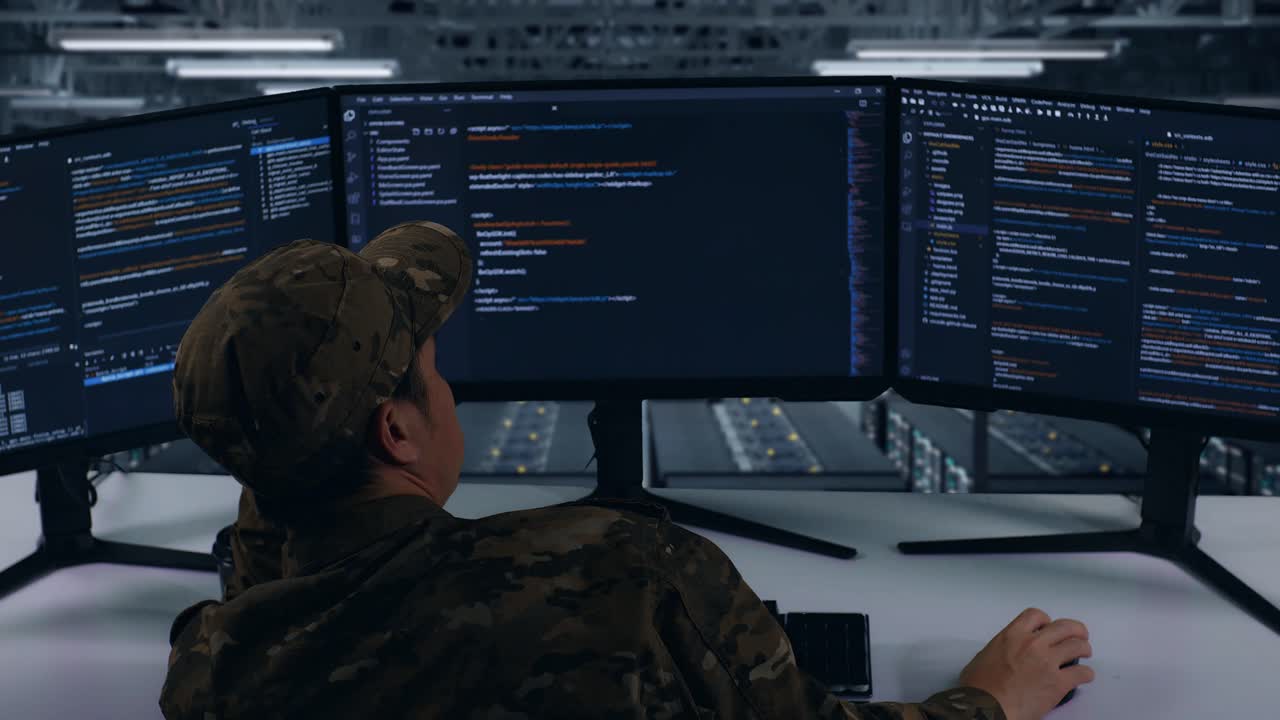 Back View Of Bored Asian Military Write Code With Multiple Computer Screens In Data Center