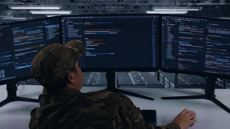 Back View Of Bored Asian Military Write Code With Multiple Computer Screens In Data Center