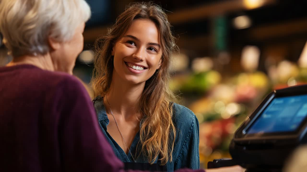 A Friendly Exchange at the Checkout: A Young Woman with Long Hair Smiles at an Older Customer in a Grocery Store, Showcasing a Moment of Connection and Warmth in Everyday Interactions