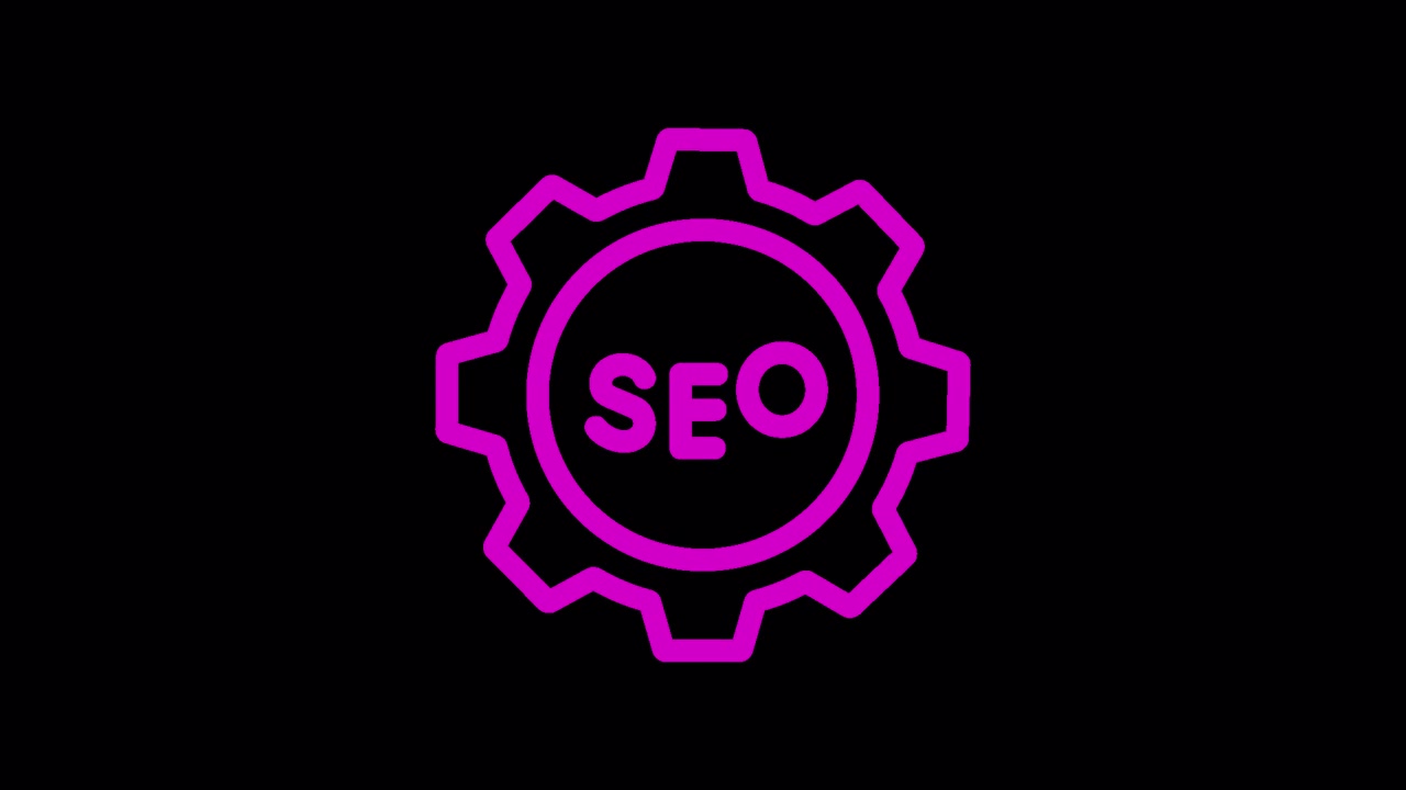 Animated Pink SEO Gear Icon Rotating on Black Background