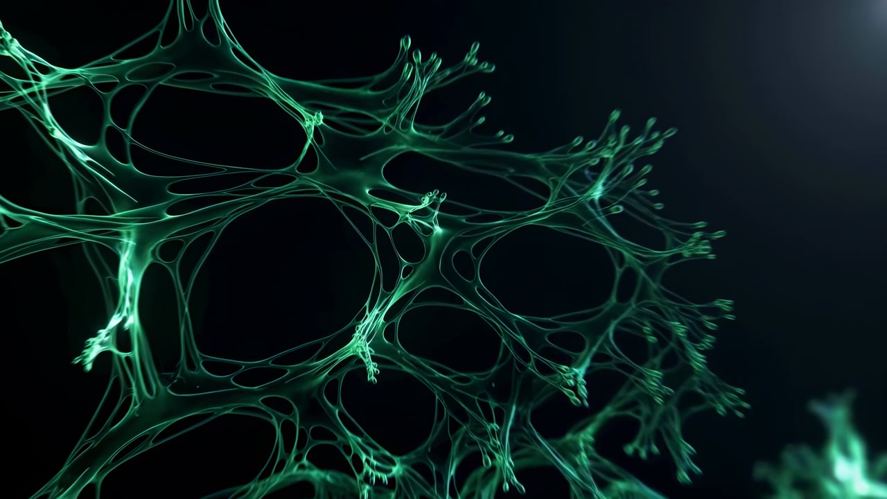 Primo piano di una membrana traslucida verde simile a una ragnatela che si estende su uno sfondo sfumato dal verde acqua scuro al nero, con filamenti sottili, bagliore soffuso, texture a strati e sensazione biotecnologica astratta, con rete