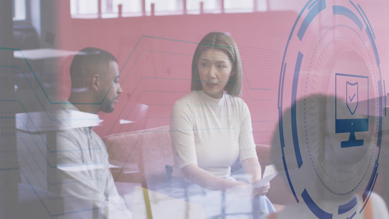 Woman speaker leaning and presenting cybersecurity talk with shield icon showing network lines