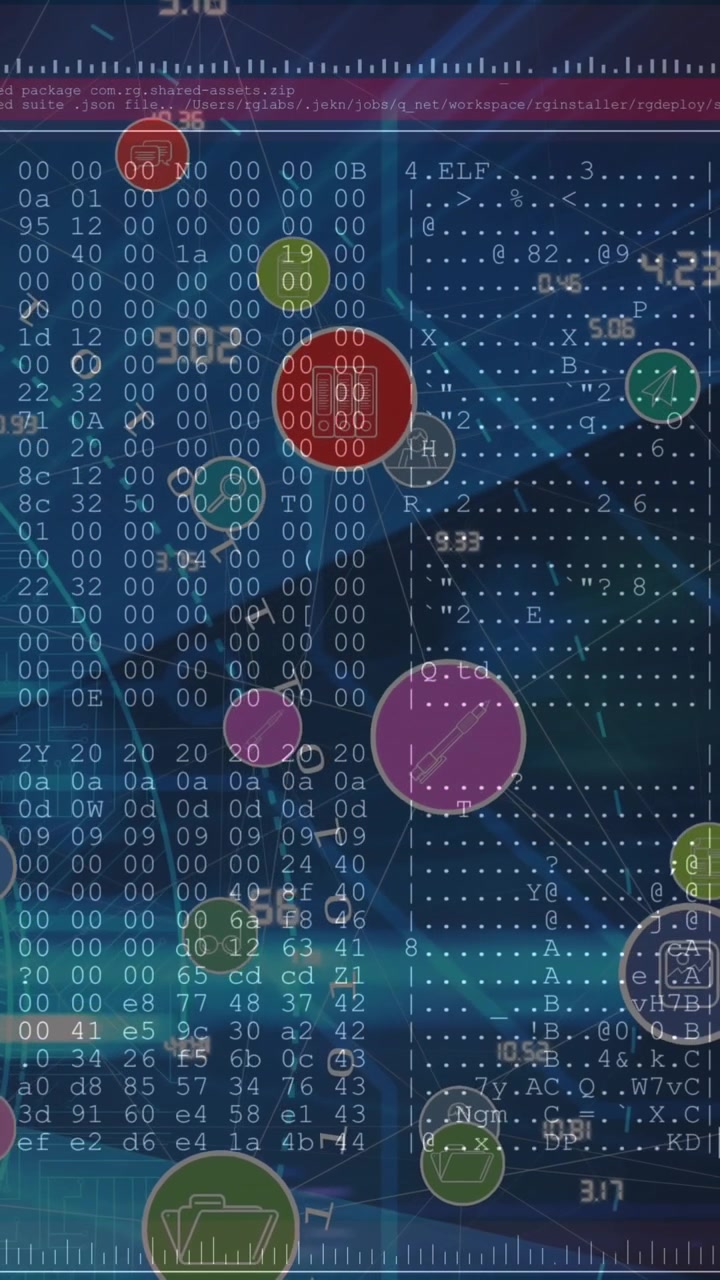 Animation of network of connections with icons over data processing