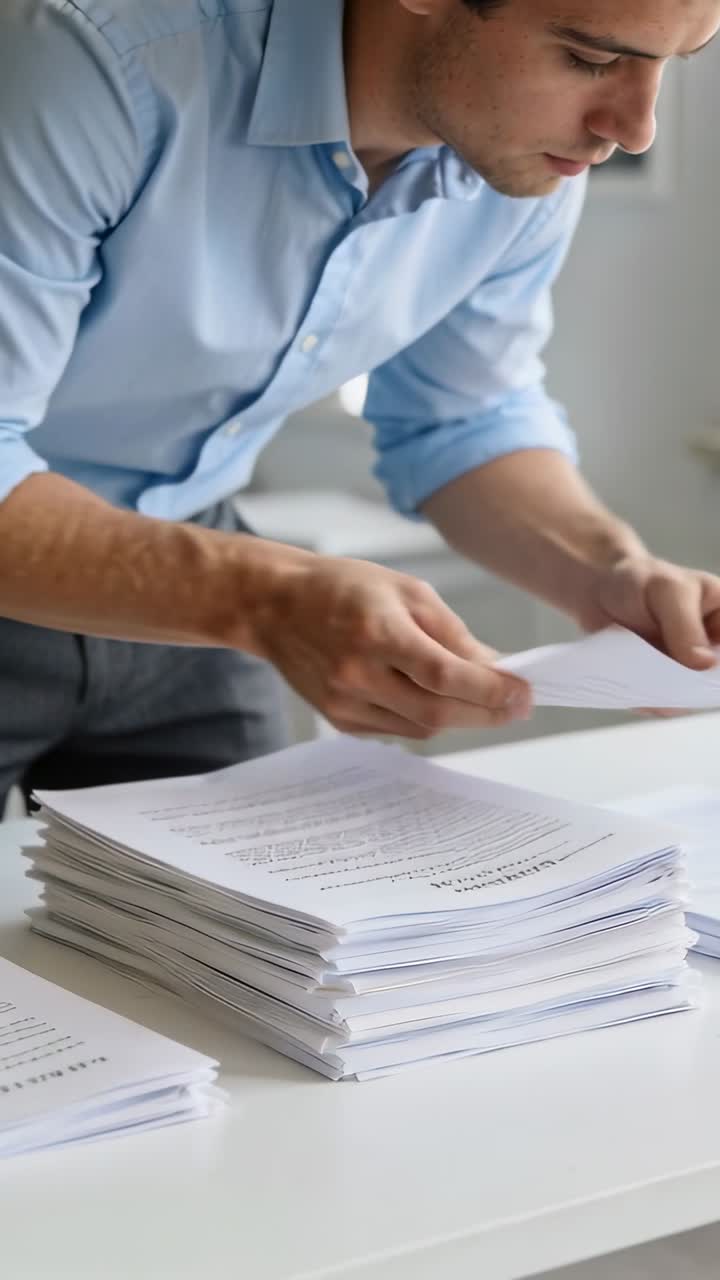Vertical video: Leaning man in blue shirt checking pages on desk, sorting paper stacks to tidy pile