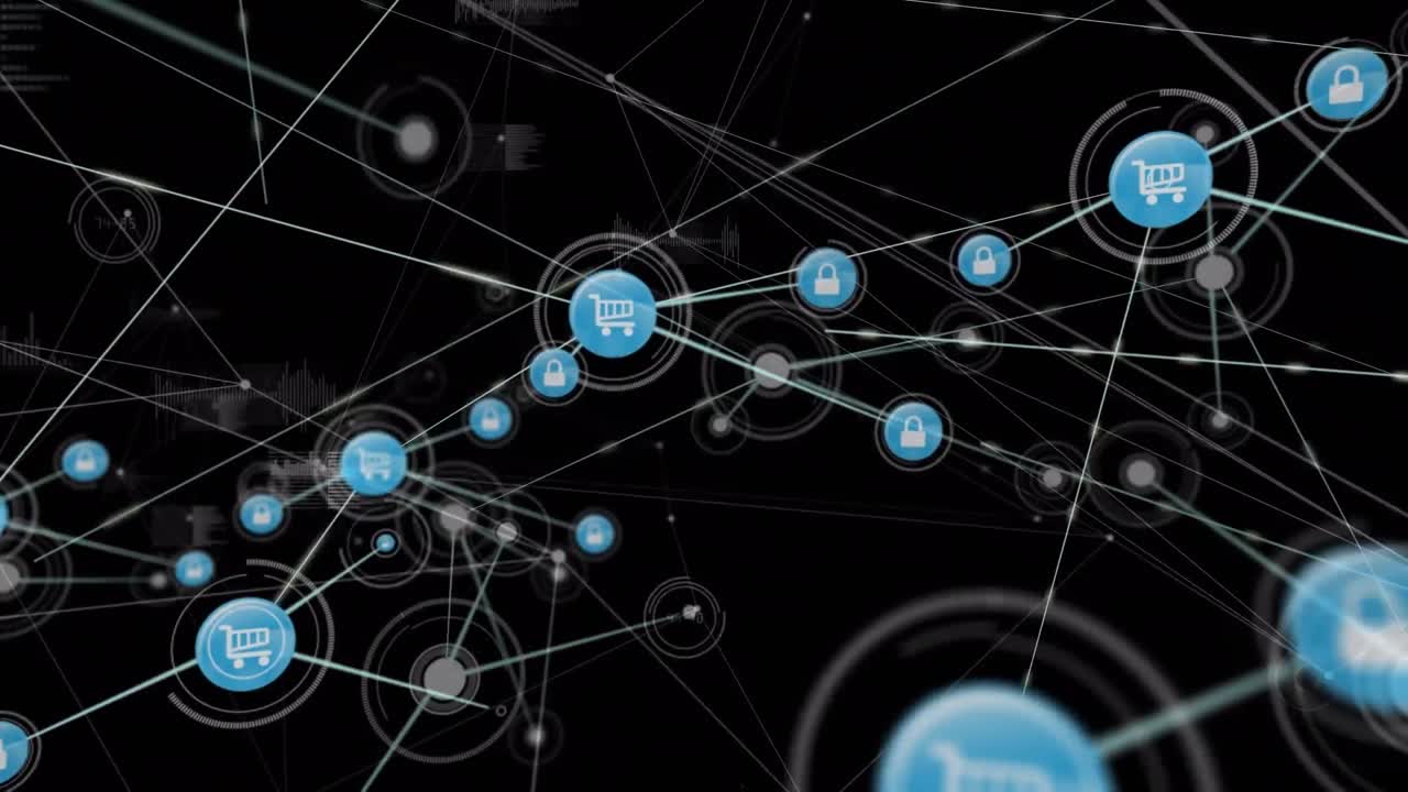 animación de una red de iconos de candados y carritos de compras que transfieren datos en fondo negro