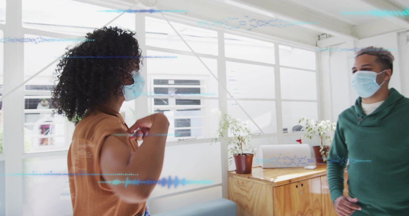 Woman entering left walking office space, sound waves sliding, man coming, elbow-bumping greeting