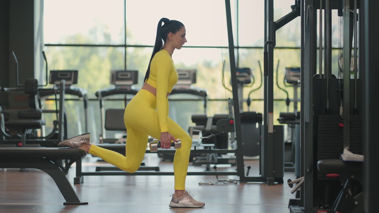 Sportive woman is doing lunges for legs with dumbbells in her hands in gym. Young muscular hispanic woman doing Lunges exercise with dumbbells in the gym In yellow sportswear