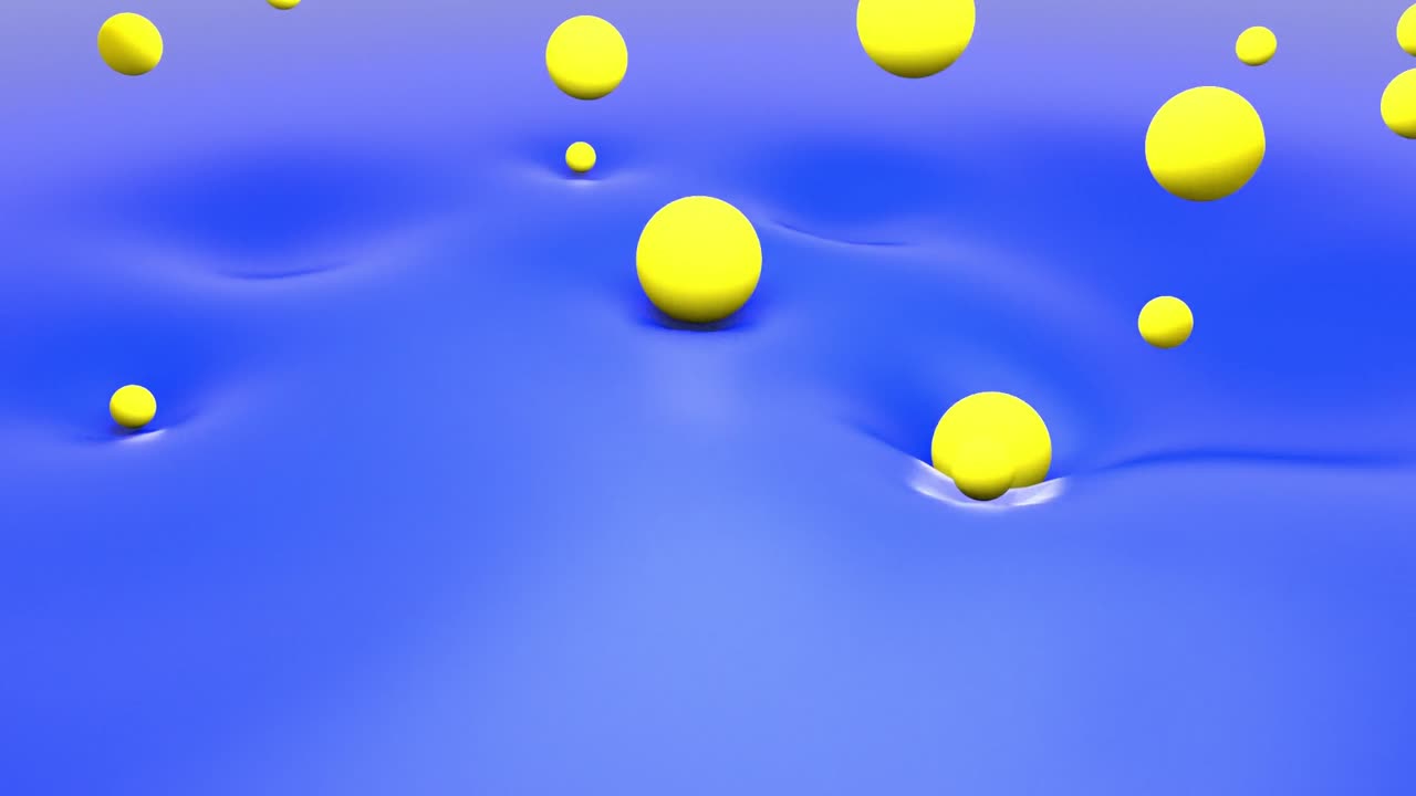 Playful abstract animation of yellow spheres bouncing, rolling, and interacting with a soft blue liquid surface. Fun, dynamic, and lighthearted background