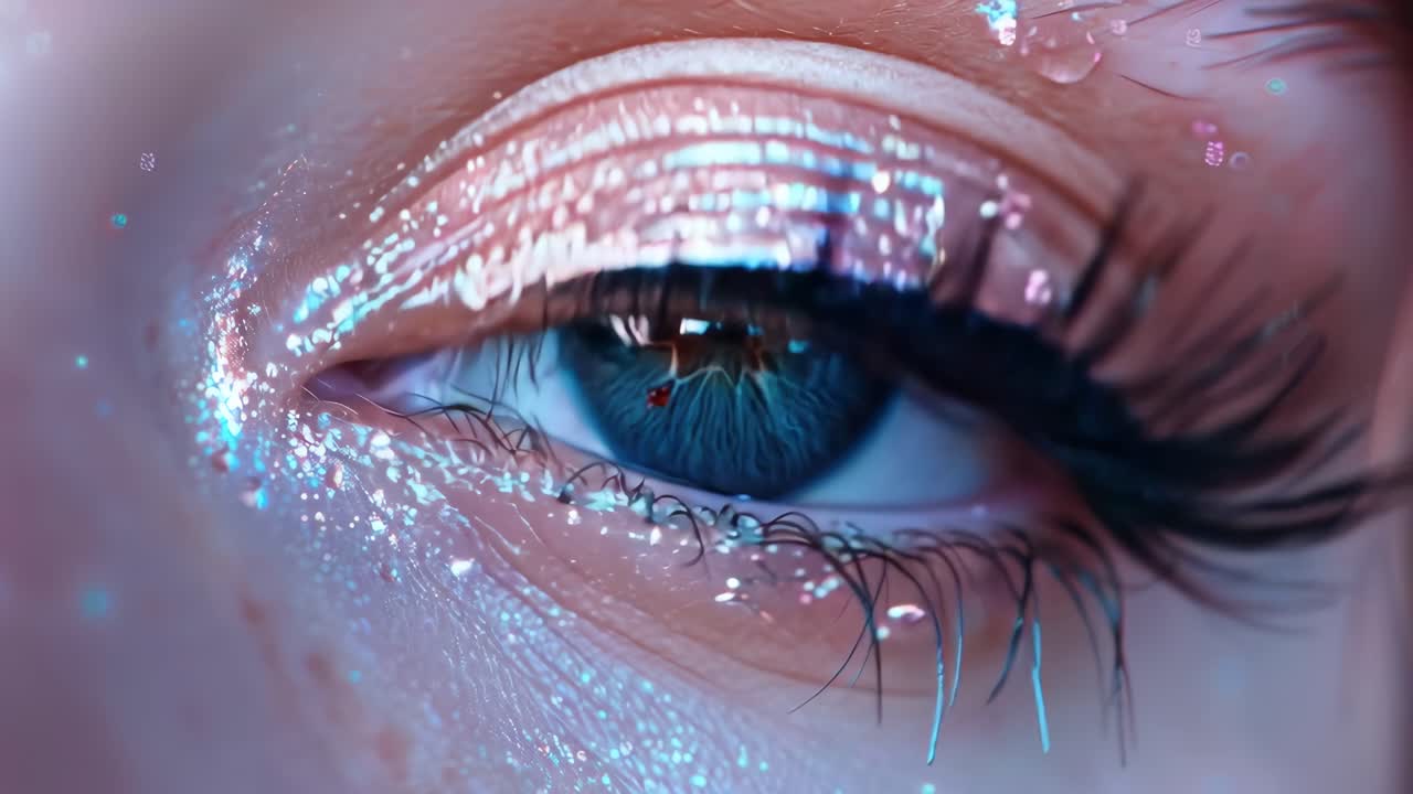 Close-up of a closed eye with shimmering makeup and water droplets, shot from a macro angle