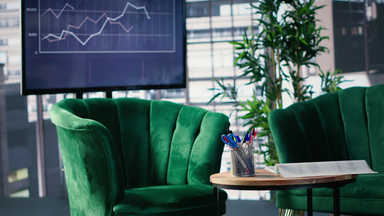 Vertical Video Empty office setup with modern furniture emphasizing preparation for conference