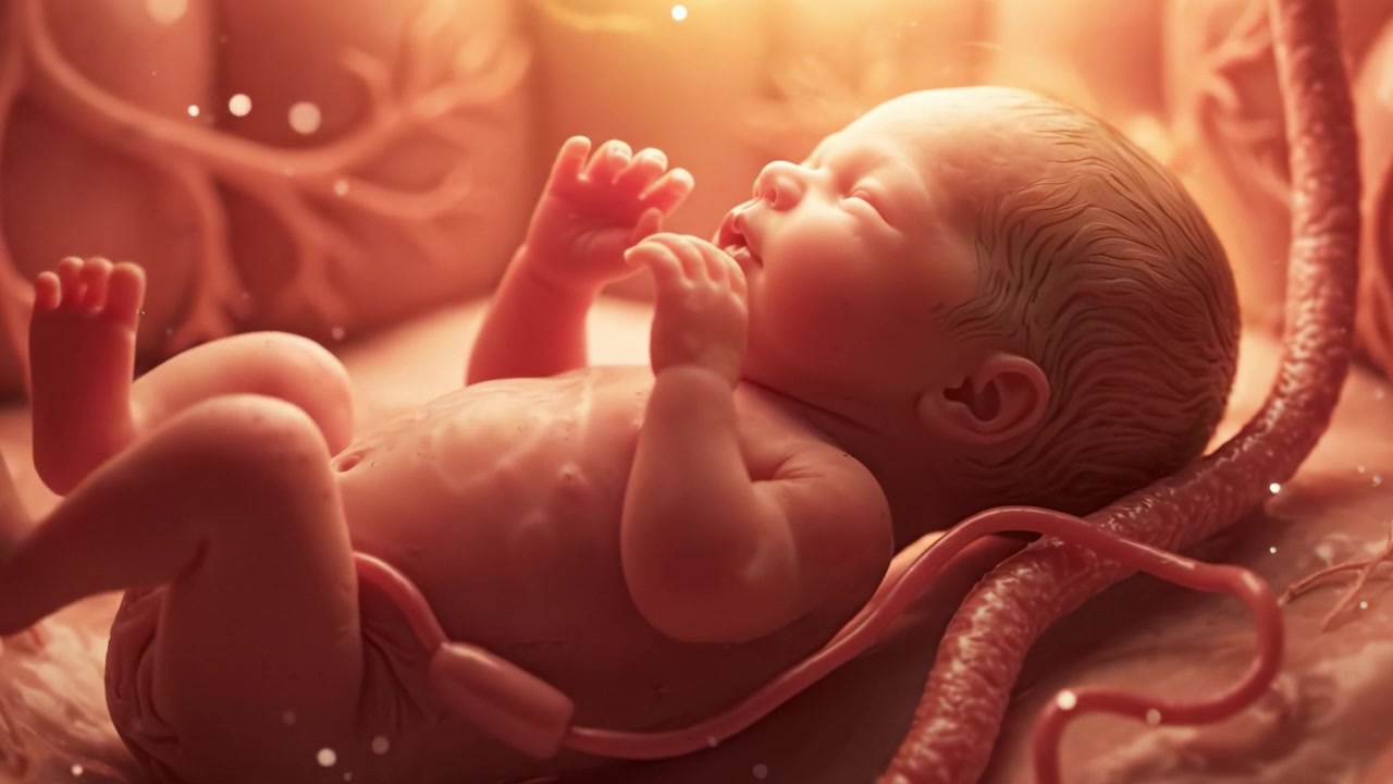 Una visualizzazione mozzafiato di un neonato nell'utero illuminato da luce soffusa, che mostra il miracolo della vita e la bellezza della formazione prima della nascita.